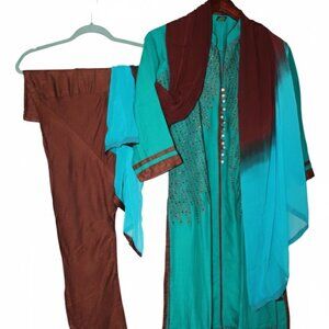 Teal & Brown 3-Piece Embroidered Shalwar Kameez / Anarkali Set Size 38( medium)